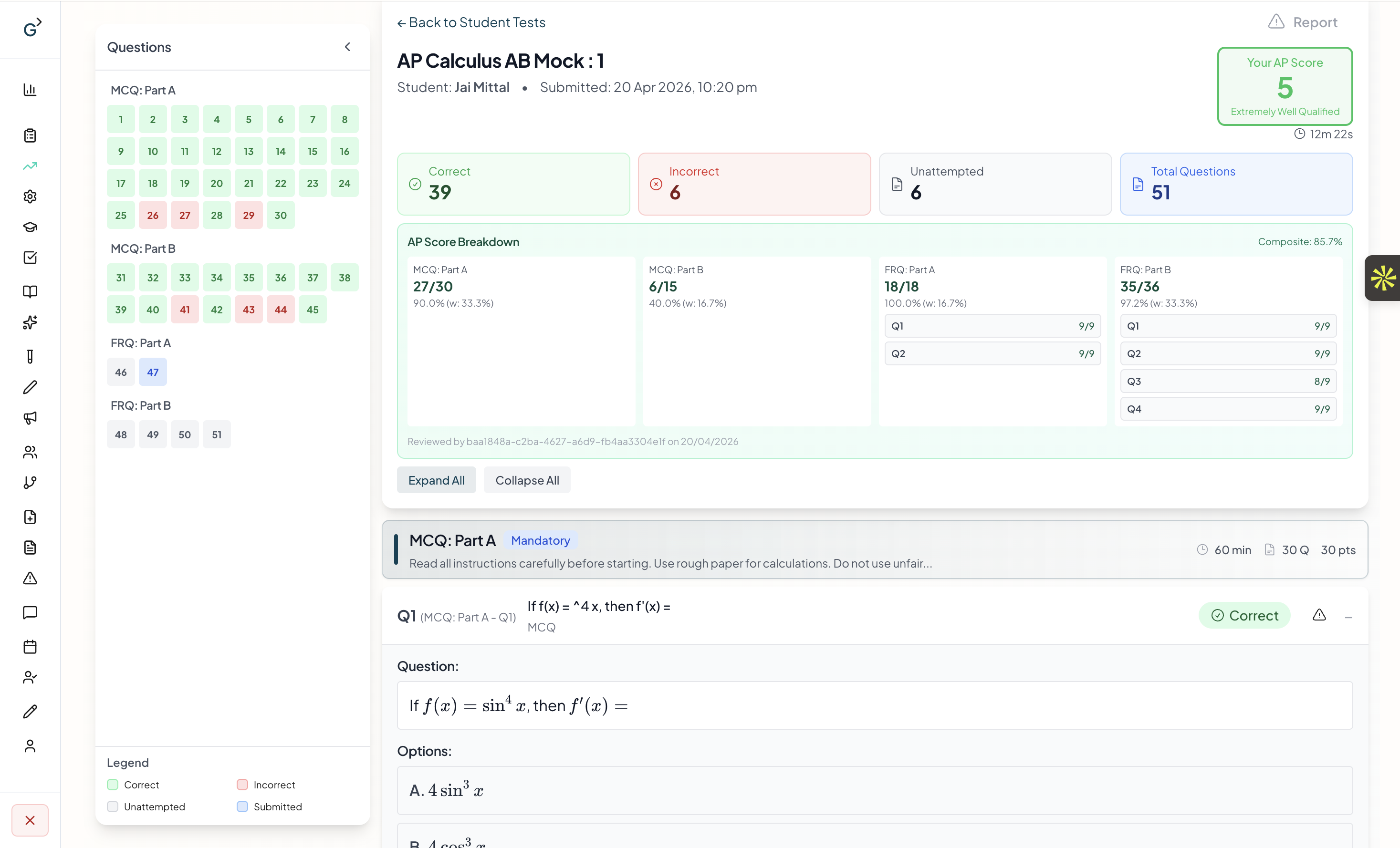 Results page with AP Score 5 and full section breakdown